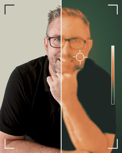 Shaun Hills, shown half as a normal photo and half as a thermal-style image